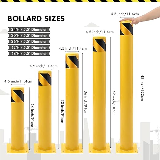 6 Pack Safety Bollard Post, 30 Inch Height 4.5 Inch Diameter Yellow Pipe Safety - Image 3