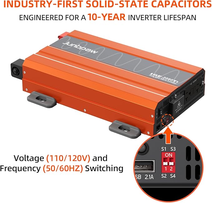 2080W Pure Sine Wave Inverter, 12V DC to 110V/120V AC, 6000W Peak, 5V/2.1A USB - Image 2