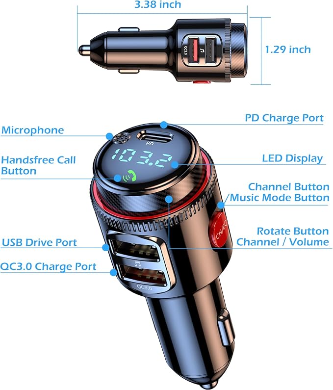 Bluetooth Car Adapter, Wireless AUX FM Transmitter, USB C&QC3.0 Dual Fast - Image 8