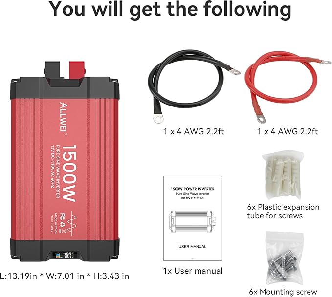 ALLWEI 1500W Pure Sine Wave Inverter 12V DC to 110V AC Converter, Surge 3000W | - Image 7