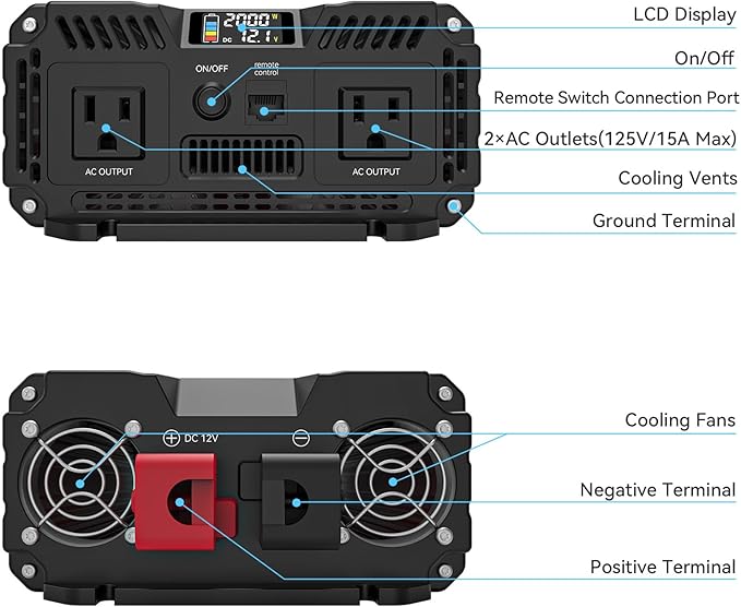ALLWEI 2000W Pure Sine Wave Inverter 12V DC to 110V AC Converter, Surge 4000W - Image 6