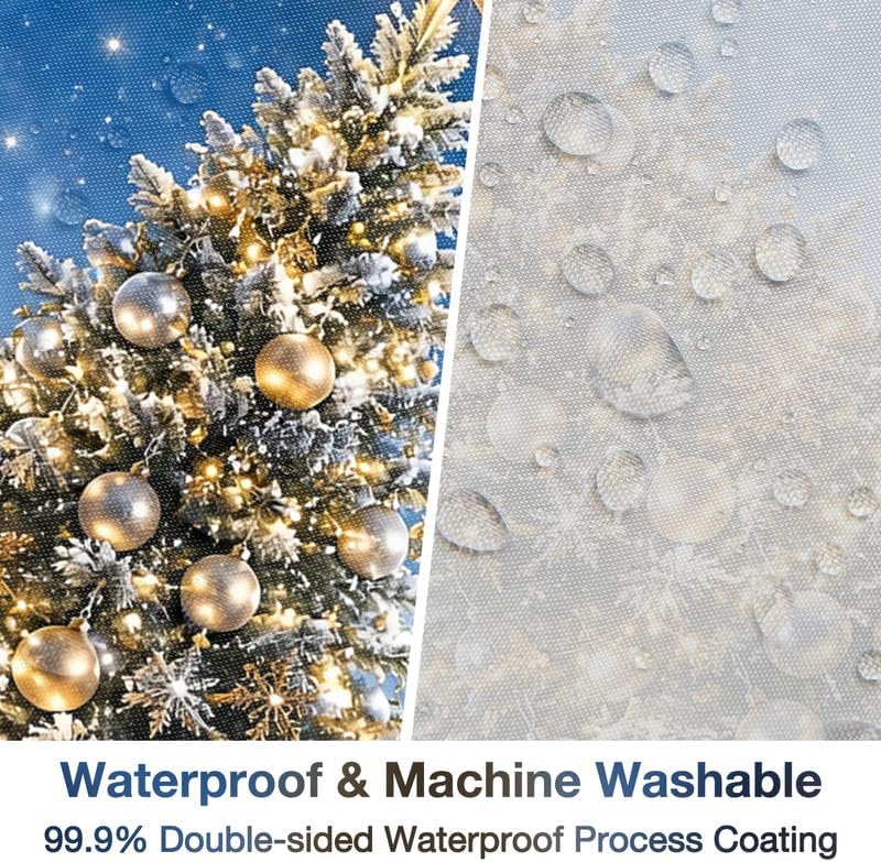 Christmas Tree Shower Curtain, Winter Village Blue Xmas Pine Trees - Image 3