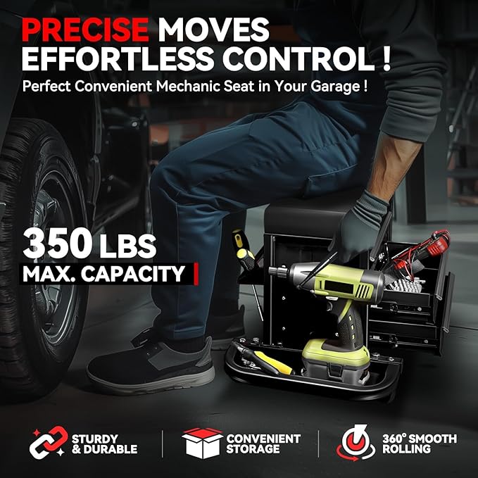 Auto Dynasty 3-Drawer Mechanic Rolling Seat, 350 LBS Capacity Roller Garage - Image 2