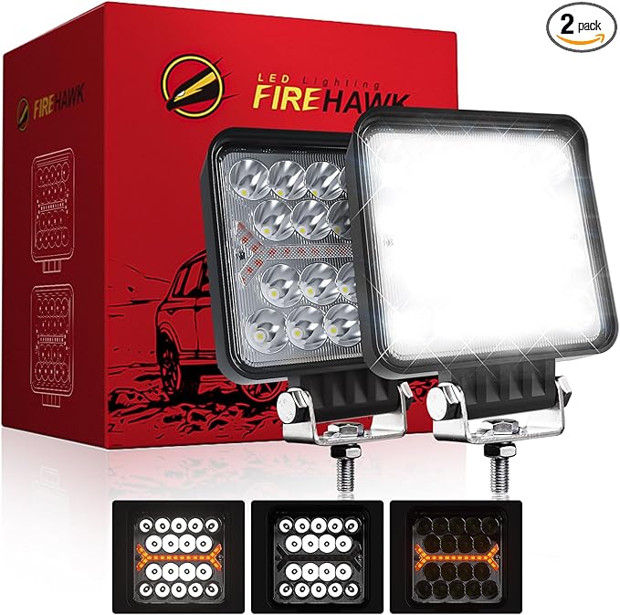 Firehawk LED Light Pods Bar 4 Inch 30000LM 60W Square Spot Flood Amber White by FIREHAWK