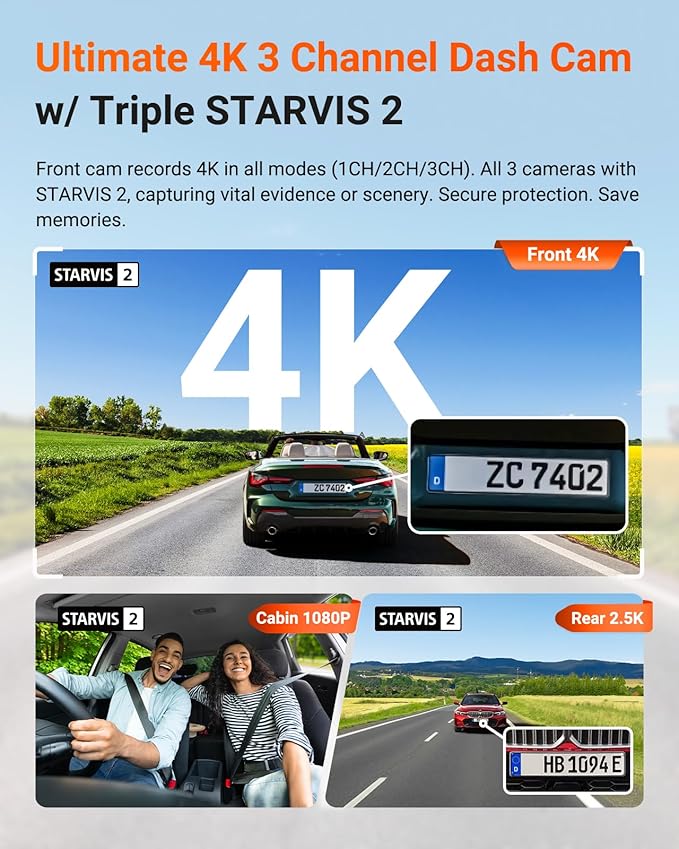 Vantrue N4 Pro S 4K 3 Channel Dash Cam w/Triple STARVIS 2, 4K+1080P+2.5K Front - Image 2