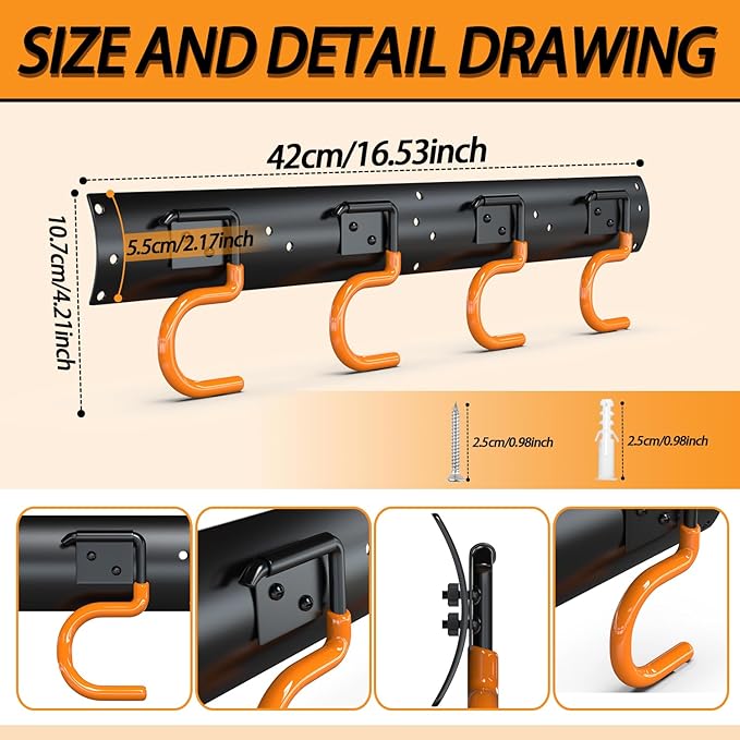 3-H 6×16" All Metal Garden Tool Organizer Wall Mount, Broom Holder Wall Mount - Image 2