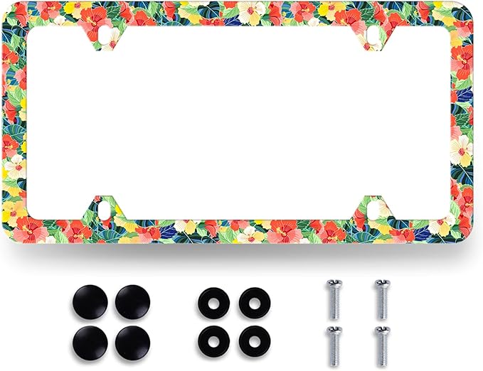 Pink Yellow Hibiscus License Plate Frame Hawaii Floral Flowers License Plate by MUAWUOIK