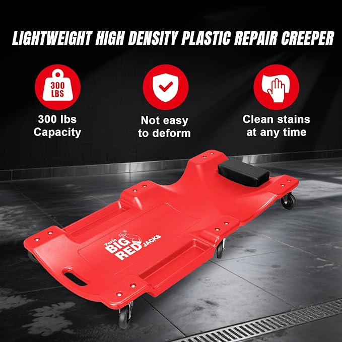 Big RED Plastic Rolling Garage/Shop Creeper: Dual Tool Trays and 6 Casters - Image 4