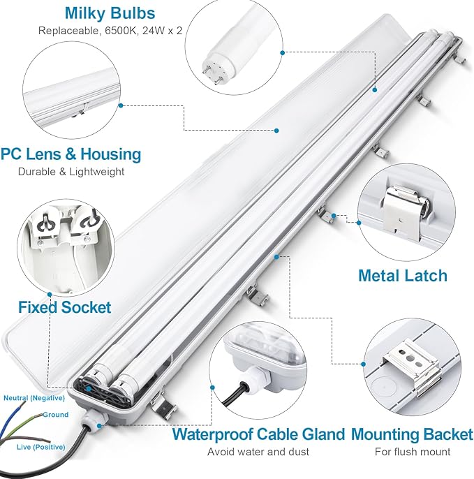 4FT Vapor Tight LED Light Fixture 4200LM 48W, 6500K Bright White IP65 Waterproof - Image 2
