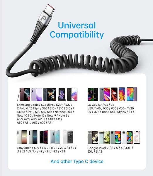 Coiled USBC to USBC Cables for Car 3FT/5FT, USB C to USB C Fast Charging Cables - Image 7
