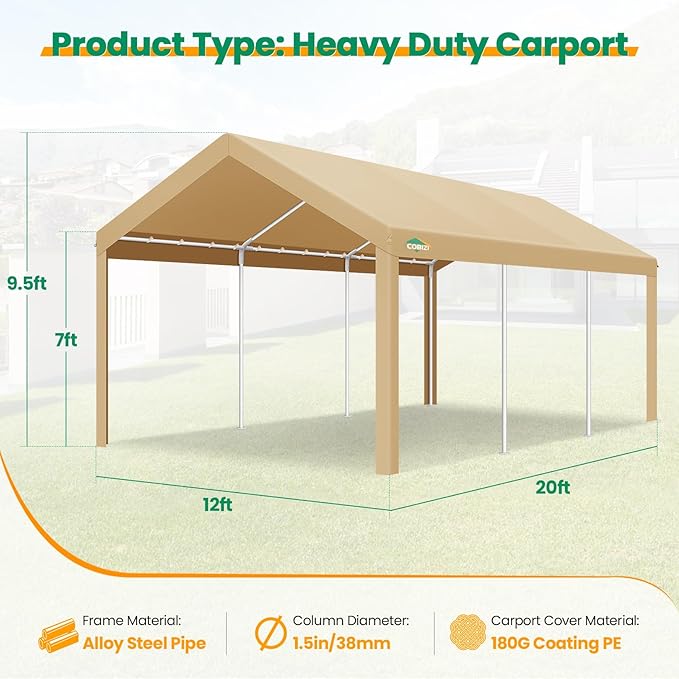 COBIZI Carport Canopy 12x20 Heavy Duty Car Tent Garage, Galvanized Frame Car - Image 5