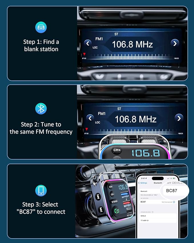LENCENT Bluetooth 5.3 FM Transmitter Car Adapter 48W Fast Charger, Light Switch - Image 8