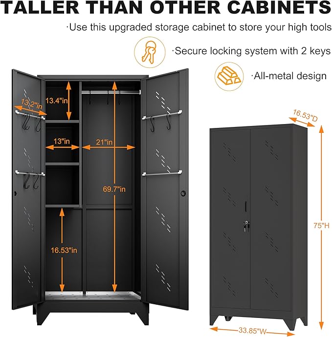 75" Metal Storage Cabinet, Tall Broom Cabinet, Garage Cabinets - Image 3