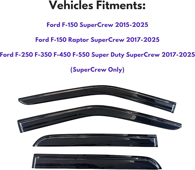 KPY Window Visor Rain Guard for 2015-2025 Ford F150 SuperCrew, Tape-On - Image 2