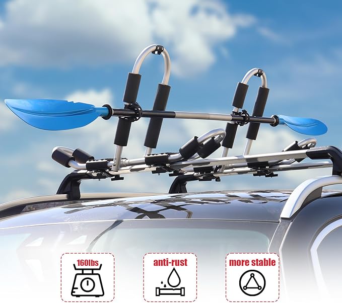 FORWODE Kayak Roof Rack, 2 in 1 Aluminum 2 Pair J-Bar Roof Rack, Folding - Image 5