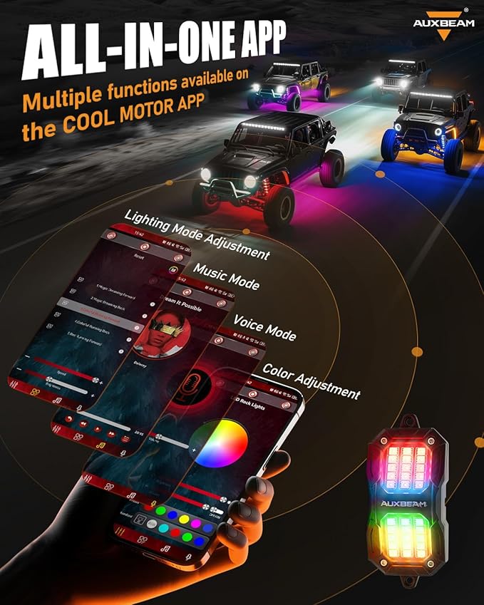 Auxbeam 4 Pods LED Rock Lights w/Brake Mode, Chasing Color RGB Wheel Well - Image 4