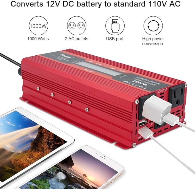 Power Inverter 1000W/2000W Dual AC Outlets and Dual USB Charging Ports DC 12V - Image 6