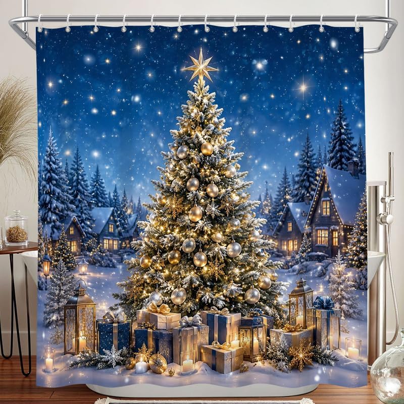 Christmas Tree Shower Curtain, Winter Village Blue Xmas Pine Trees by Duluxykl