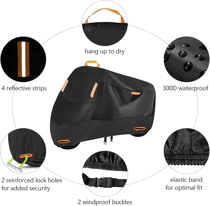 300D Heavy Duty Motorcycle Cover, SECELES All Season Durable Waterproof Outdoor - Image 3