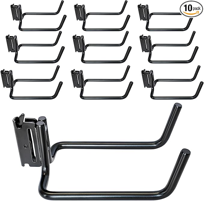 10 Pack E Track Double J Hooks, Heavy Duty Black Large Steel Shovel/Tool Hanger by MorScan
