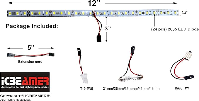 ICBEAMER 12" Amber Yellow 18SMD 2835 LED Strip Light Universal Fit Car Trunk - Image 3