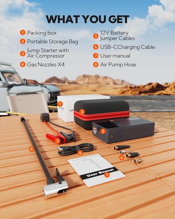 Car Battery Jump Starter with Air Compressor, 44.4Wh Battery Jump Box with Tire - Image 8