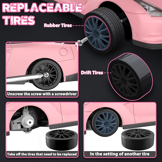 RC Drift Car, 1/24 Pink Remote Control Car - Image 5
