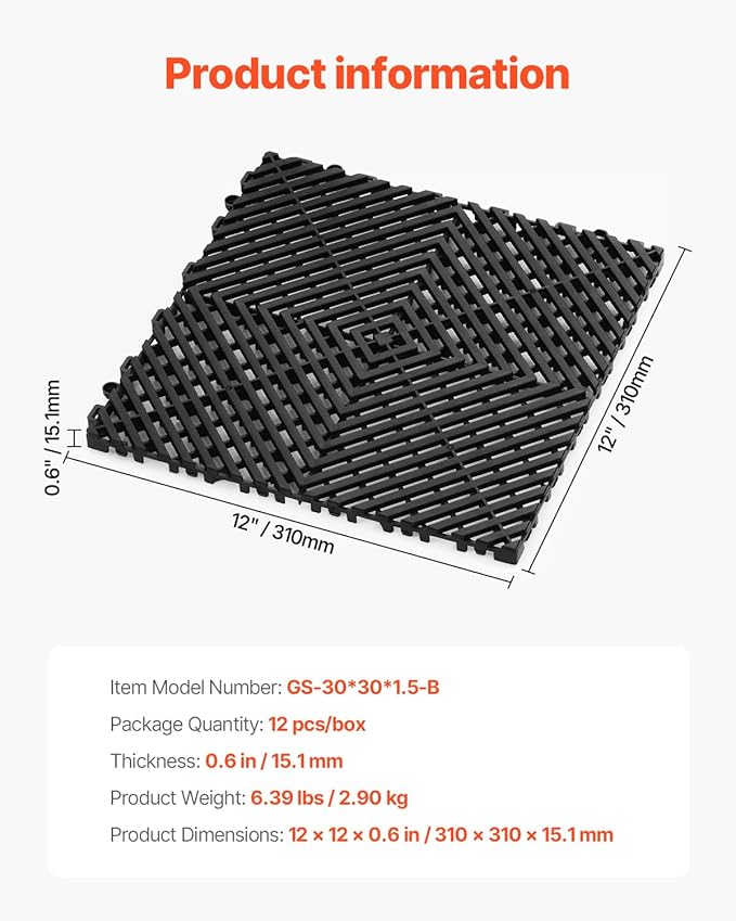 VEVOR Interlocking Drainage Mat, 12” x 12” Modular Interlocking Cushion - Image 7