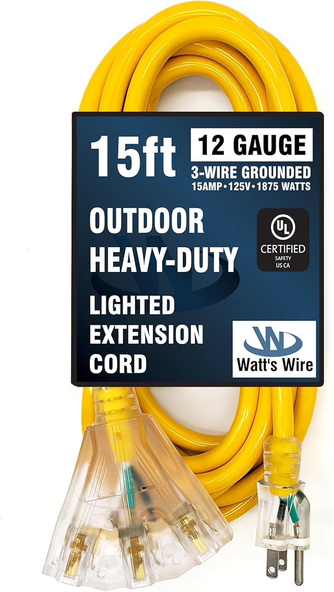 15 ft - 12 Gauge Heavy Duty Extension Cord - 3 Outlet Lighted SJTW - - Image 6