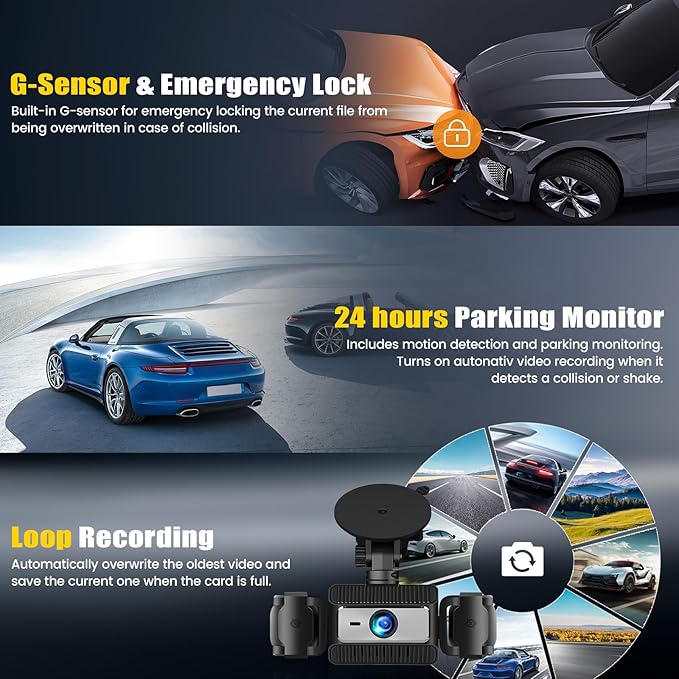 4 Channel Dash Cam Front and Rear Inside Left Right, 2.4 Inch 1080P Dash Camera - Image 6