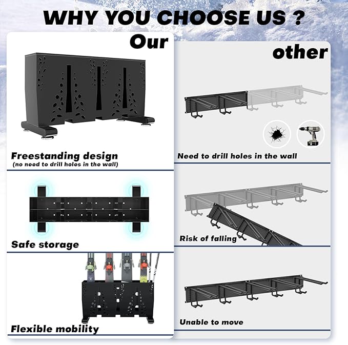 Heavy Duty Metal Ski Storage Rack, 4 Pair Freestanding Steel Ski Holder - Image 6