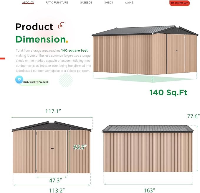 AECOJOY 10' x 14' Shed Metal, Outdoor Storage Sheds & Outdoor Storage 10' x 14' - Image 4