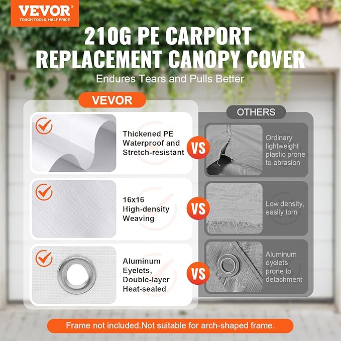 VEVOR Carport Replacement Canopy Cover 10 x 20 ft, Garage Top Tent Shelter Tarp - Image 2