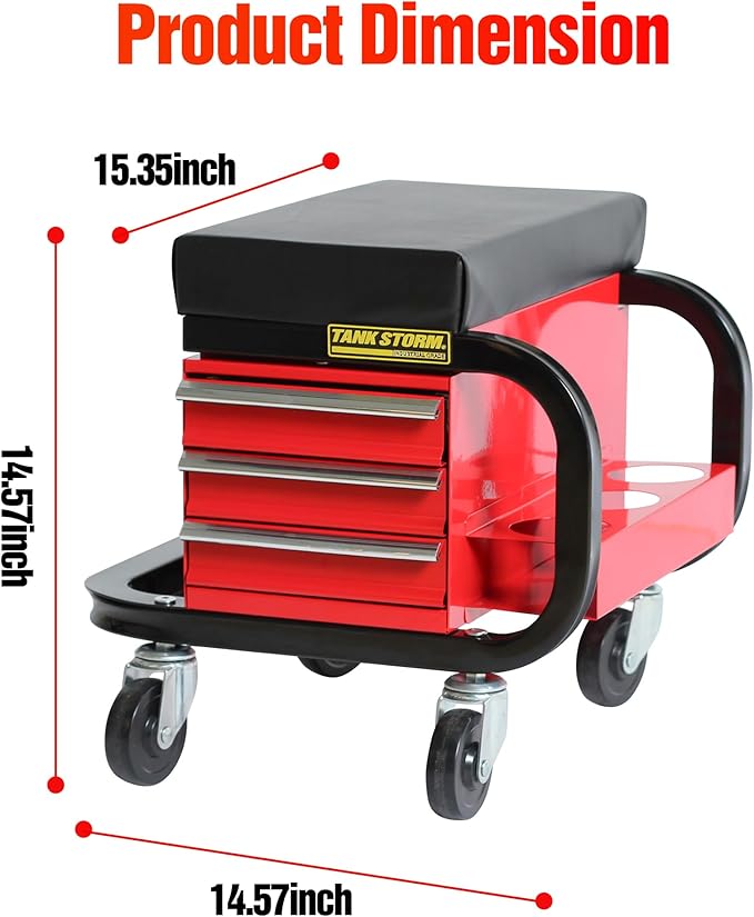 Tool Box Built-in Creeper Seat, Garage Shop Roller Seat, 3 Drawers Heavy Duty - Image 3