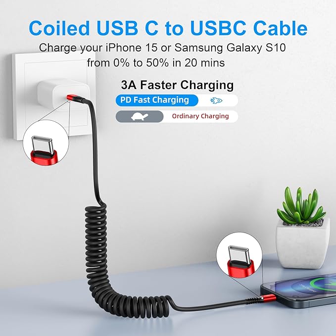 Coiled USB C Cable for Car 3FT & 6FT, USB C to USB C Fast Charging Cable USB - Image 2