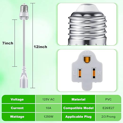 Feekoon 1 Pack 3 Outlet Light Socket Adapter, Convert E26/E27 Bulb Socket to 3 - Image 2