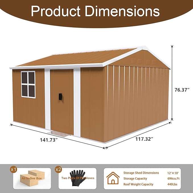 12 x 10 FT Outdoor Storage Shed, Metal Garden Tool Shed - Image 8