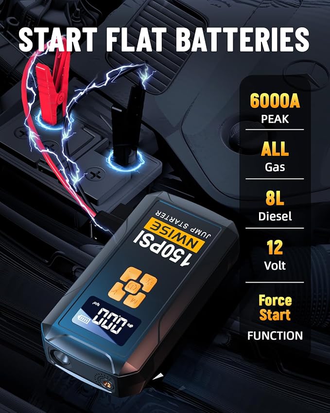 Portable Car Jump Starter with Air Compressor, 150PSI Jump Box Battery Pack - Image 2