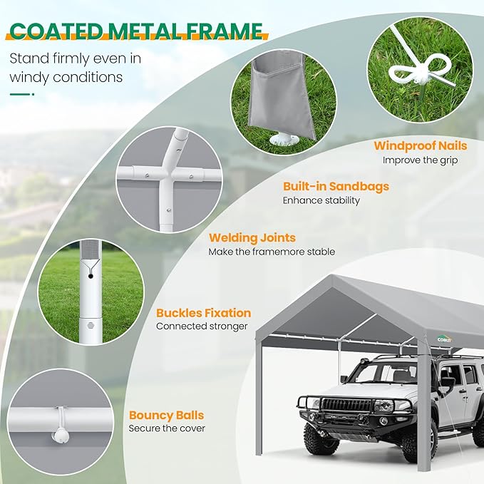 COBIZI Carport Canopy 12x20 Heavy Duty Car Tent Garage, Galvanized Frame Car - Image 4