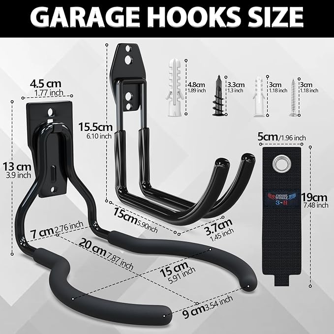 3-H Weed Eater Hanger 1 Pack, 1 Large Garage Wall Hooks, 1 Extension Strap - Image 3