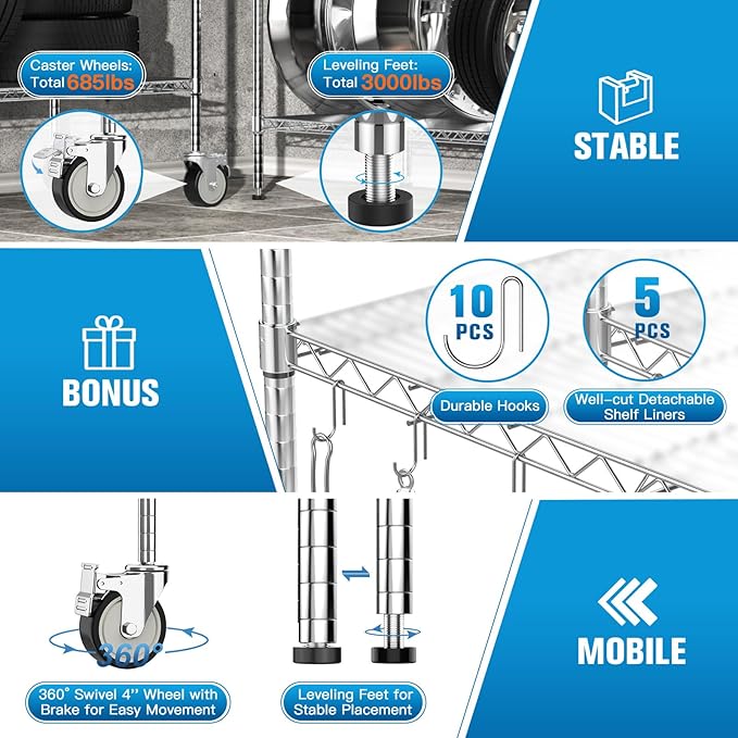 Wire Shelving with Wheels, 3000 Lbs Storage Shelves Heavy Duty, - Image 5