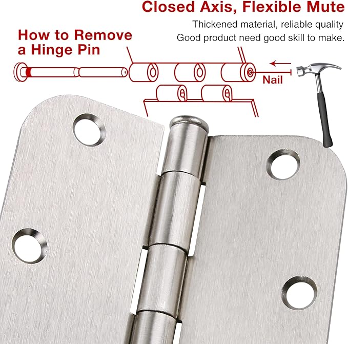 100 Pack Interior Door Hinges Brushed Nickel 3.5 inch x 3 1/2" 5/8" Round - Image 6