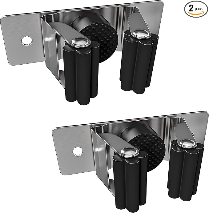Self Adhesive Broom and Mop Holder Wall Mounted – SUS304 Stainless Steel 2-Slot by SAYONEYES