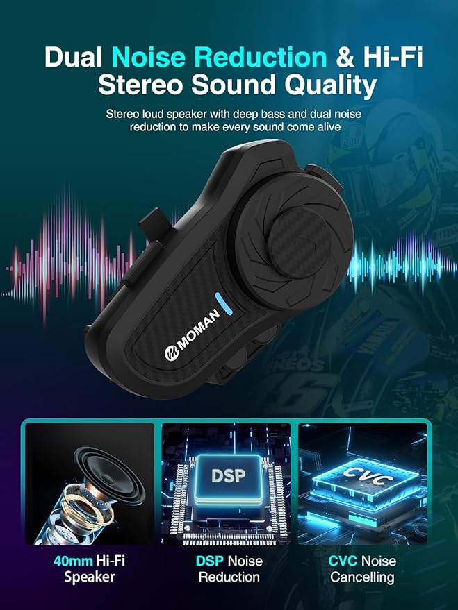 Moman Motorcycle Intercom, H2 Pro【2 Pack Carbon】 Helmet Headset Wireless - Image 4