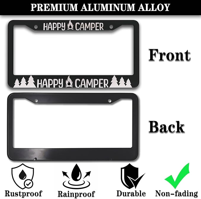 License Plate Frames Black and White Metal License Plate Frame Happy Camper - Image 3