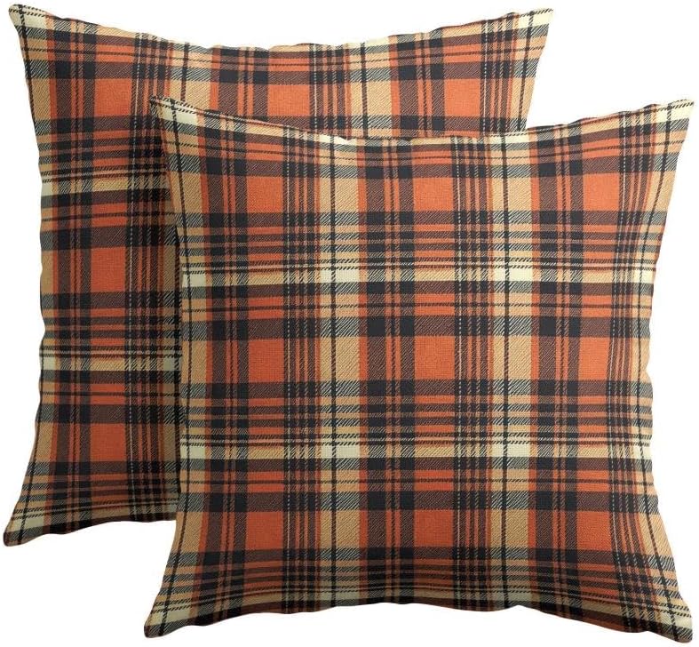 Fall Orange Plaid Throw Pillow Covers 24x24 Set of 2 Autumn Tartan Gingham by Trongr