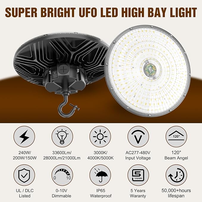 480V UFO LED High Bay Light 240W 200W 150W Adjustable, UL DLC Listed Dimmable - Image 2