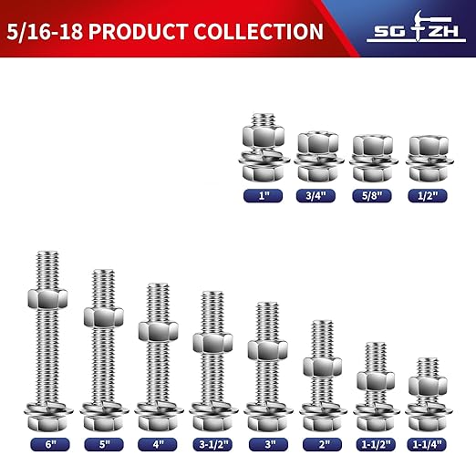 5/16-18 x 6" Hex Head Screw Bolt, Flat & Lock Washers, Fully Threaded, by SG TZH - Image 3