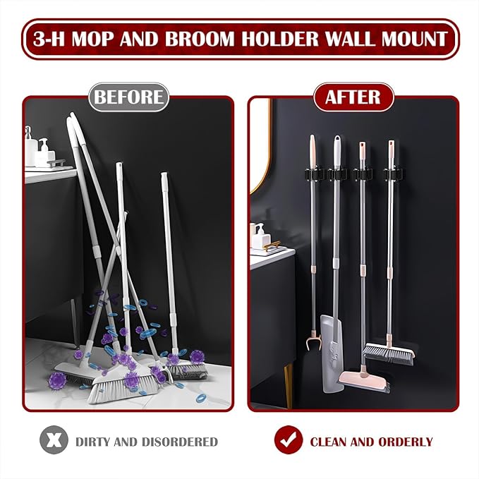 3-H Stainless Steel Broom Holder Wall Mount 15-Pack- Heavy Duty Mop Organizer - Image 3