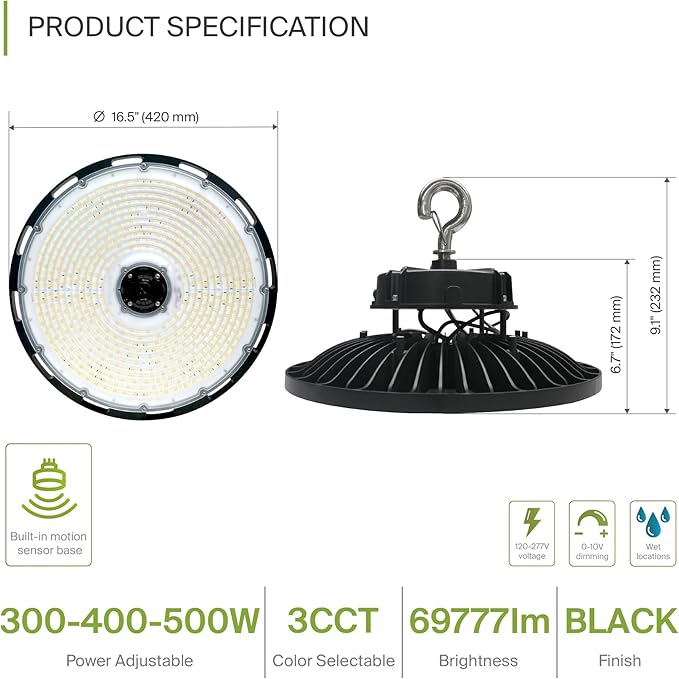 ASD LED High Bay UFO Light Fixture, Commercial Shop Lighting | 3CCT, IP69K - Image 2